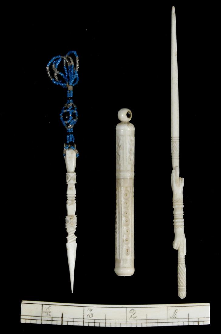 (4 PC) LOT OF SAILOR MADE WHALEBONE: (4) Piece Lot of 19th c. Sailor Made Whalebone Items: (1) Carved Darning Needle with two hands; (1) Bodkin; (1) Needle Case with stanhope; and (1) Ruler. All good condition.