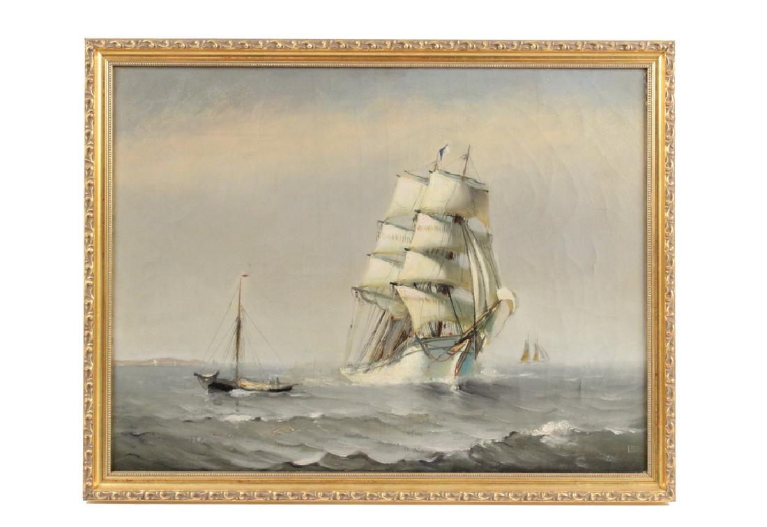 ATTRIBUTED TO MARSHALL JOHNSON (MA, 1850-1921): White Hulled Sailing Ship with Schooners Offshore, oil on canvas, unsigned, circa 1900, in modern gold frame, OS: 20" x 26", SS: 17 1/2" x 23 1/2". Overall craquelure.