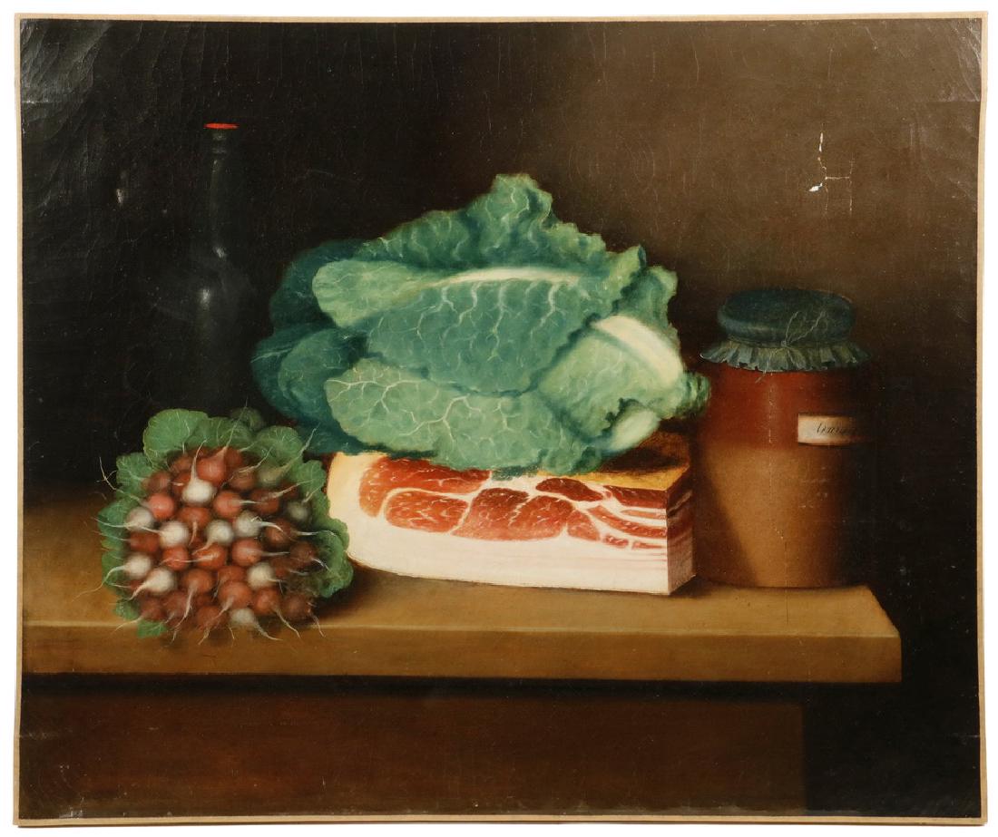 ATTRIBUTED TO JAMES PEALE, SR. (PA/MD, 1749-1831): Still Life with Bacon, Cabbage, Radishes and Onions in a Jar, unsigned, unframed, 20" x 24". Repaired puncture and tear on right side, indentation on left.