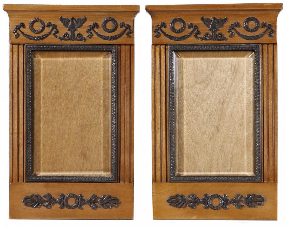PR OF RUSSIAN SILVER FABERGE OVERLAID WOODEN TABLETOP: Portrait Photo Frames, pre-revolutionary Russia, hallmarked (Faberge), in tulipwood with Neo-Classical cast silver decoration of a swan flanked by wreaths, with floral drops, beveled glass, integral f