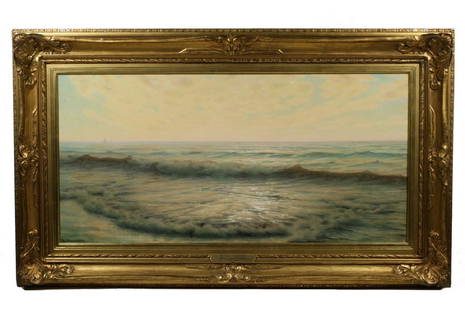 THOMAS ALEXANDER HARRISON (CA/NY/PA/FRANCE, 1853-1930): "Twilight on the Shore", monumental oil on canvas, signed lower left, titled on frame name plate, housed in an ornate gilt matched corner frame, OS: 34 1/2" x 58 1/2", SS:22 1/2" x 46 1/2". Very good