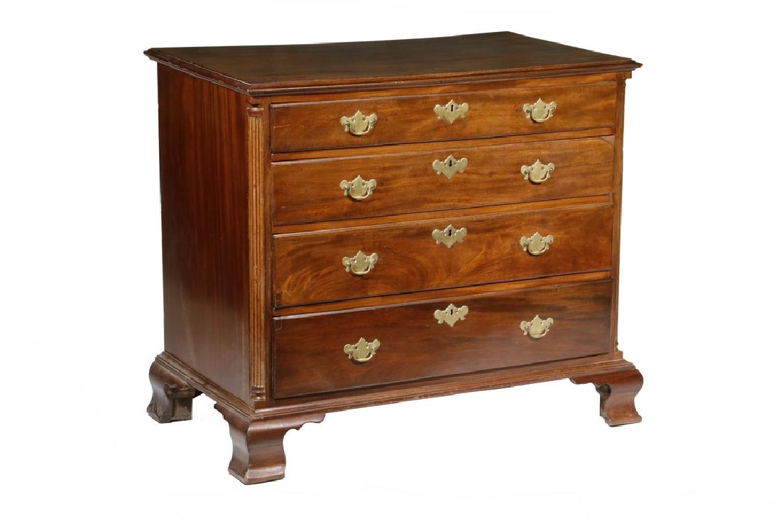 MAHOGANY CHIPPENDALE CHEST: Chest of Four Graduated Drawers, with top having applied molded edge (missing a portion on right), molded edge drawers with butterfly brass lock escutcheons, quarter fluted column stiles, set on molde