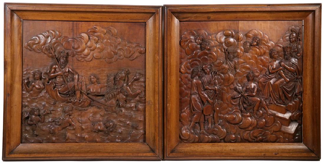 (2) FRAMED CONTINENTAL BAS RELIEF CARVED PANELS: 18th c. Carved Mahogany Panels with Greek Mythology theme, one panel depicting Neptune in his seashell chariot, pulled by seahorses, attended by maidens; the other of an enthroned Zeus surrounded by t