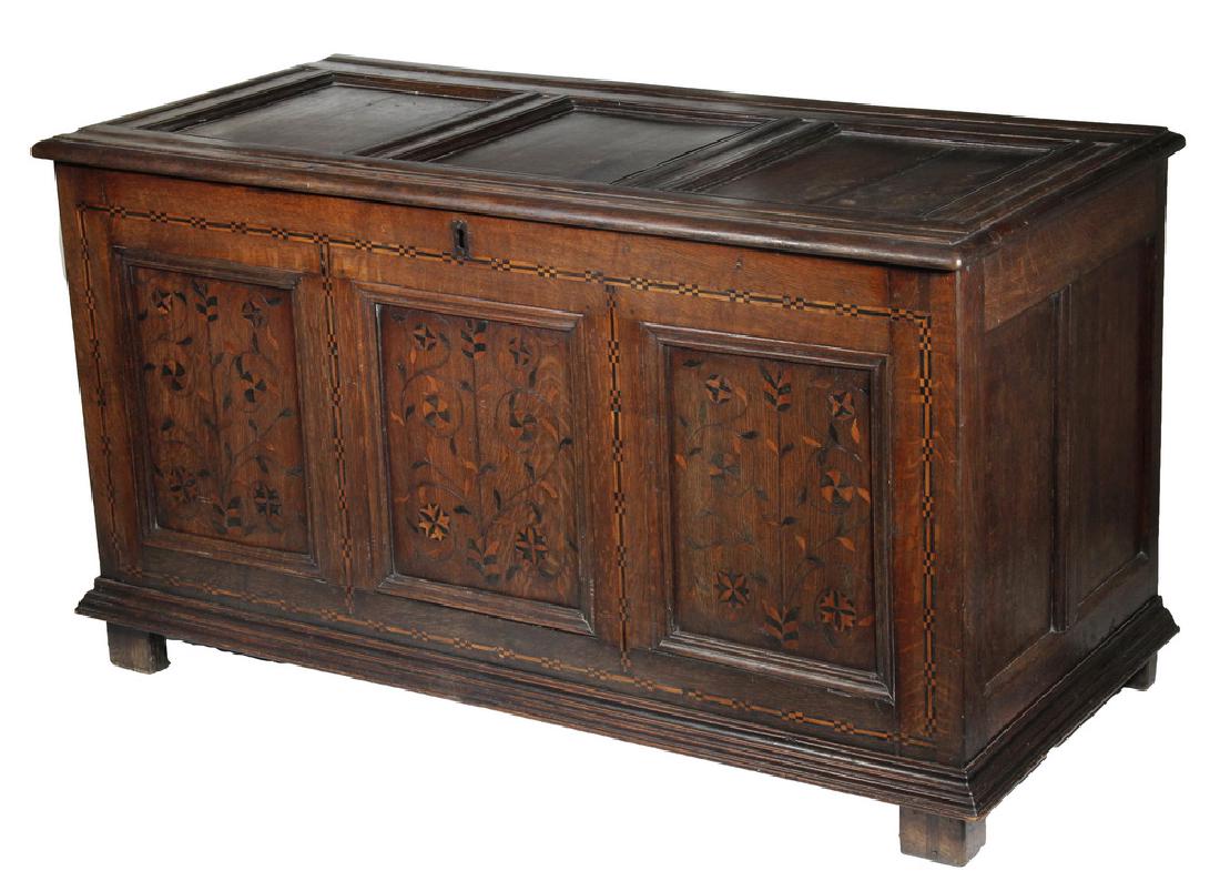 INLAID 18TH C. ENGLISH CHEST WITH INLAY: Quarter Sawn Golden Oak Paneled Chest, the heavy lid having three molded panels, edged front and back by an additional rib, interior strap hinges, covered till; the three-panel front having boxwood an