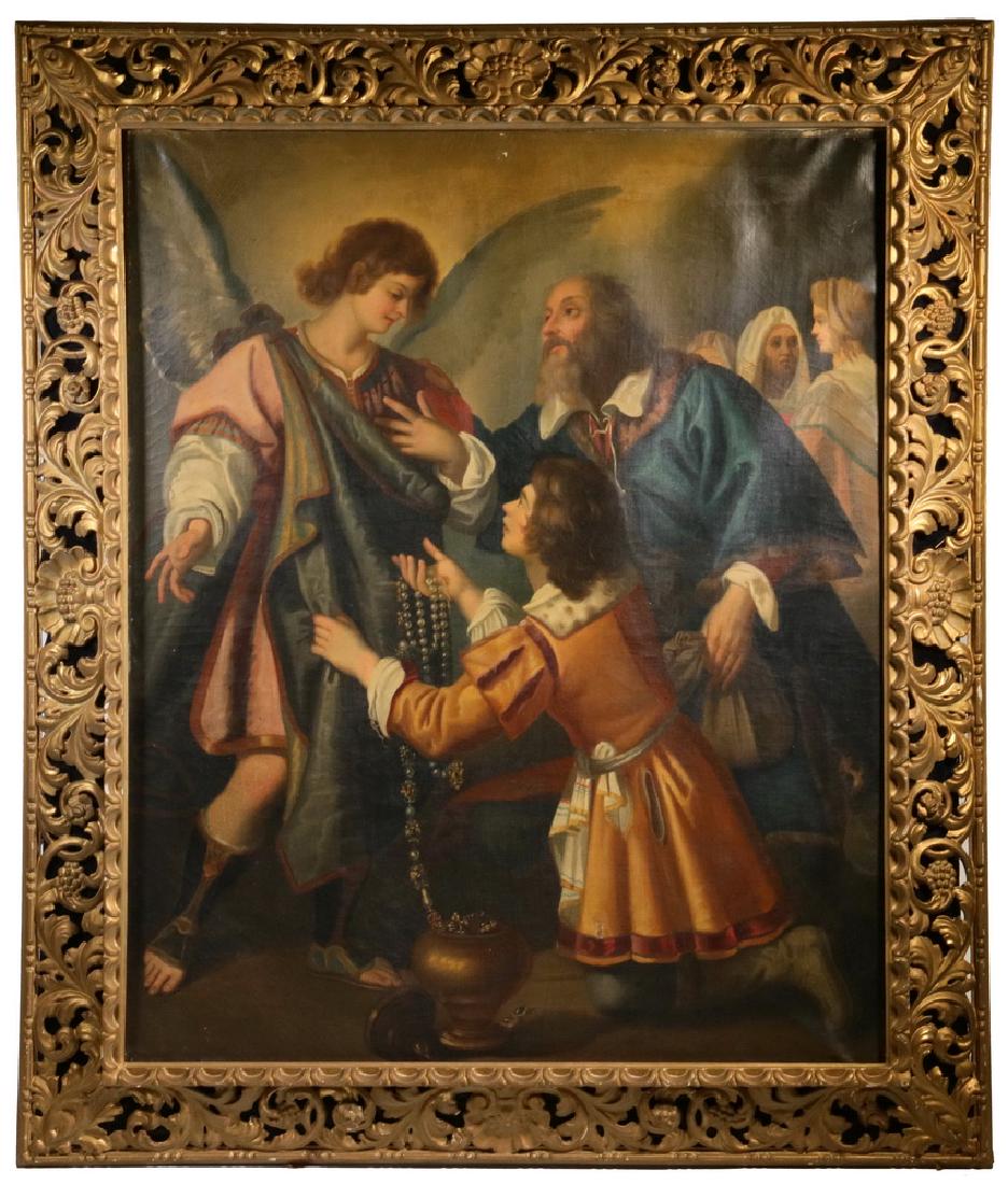 MONUMENTAL ECCLESIASTICAL PAINTING IN THE MANNER OF: Two Men in Italian Renaissance Costume plead with an Angel while presenting jewels, two men in Biblical costume behind, oil on canvas, unsigned, late 19th c. Housed in an ornate Florentine style gilt 