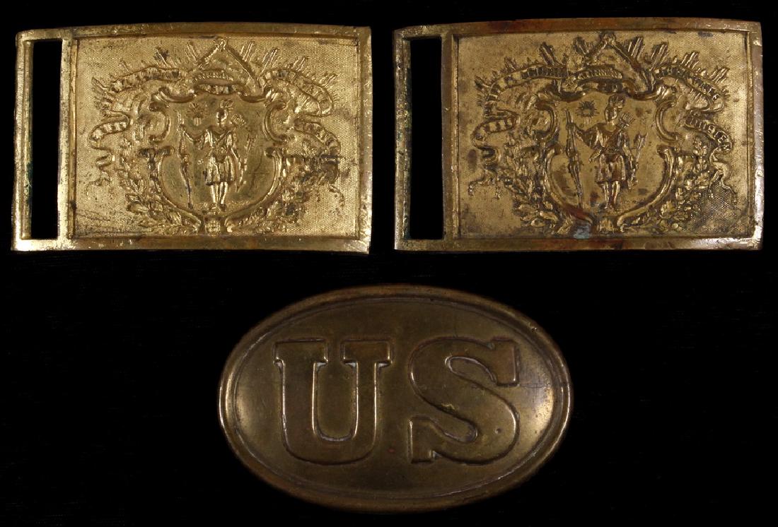 (3) CIVIL WAR BELT BUCKLES: Including (2) Gilt Brass Massachusetts Officer's Rectangular Belt Plates, slot and tab, 2 1/4" x 3 1/2", worn; PLUS (1) Brass Oval US shoulder buckle, pewter back two-post and hook, 2 1/8" x 3 3/8". S