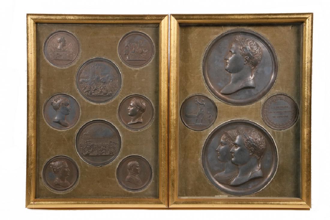 NAPOLEONIC MEDAL COLLECTION IN TWO FRAMES: Framed Collection of Commemorative Bronze Napoleon Medals, by JEAN-BERTRAND ANDRIEU (1761-1822), struck to commemorate: Passage du G.S. Bernard, le XXV Floreal An. VIII; Marie Louise Imperatice; Siege