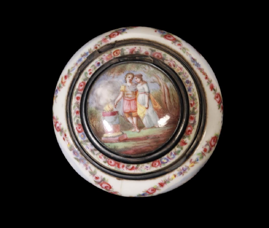 FRENCH ENAMEL VANITY BOX: French Enamel on Silver Two-Tier Rouge and Powder Box, 19th c., with hinged lids, all over scenic, figural and floral decoration, with enamel figural painting inside lid, 2" diam., 1 1/2" high.