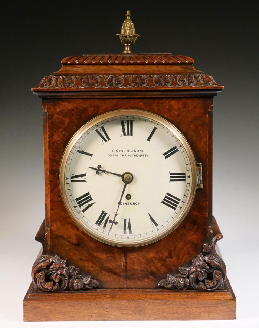 VICTORIAN MANTEL CLOCK: Late 19th c. Scottish Fusee Movement Mantel Clock by Thomas Smith & Sons (47 George St., Edinburgh), Goldsmiths, Jewellers, Watch & Clockmakers To the Queen, 8-day time only movement, with pendulum, k