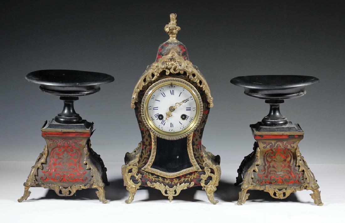 FRENCH BOULLE CLOCK & PR OF TAZZAS: (3) Piece Group of Late 19th c. French Ormolu Mounted Boulle Mantel Accessories, including: Clock, with bell shaped case, 8-day time and strike movement with key and pendulum, white enamel dial with b