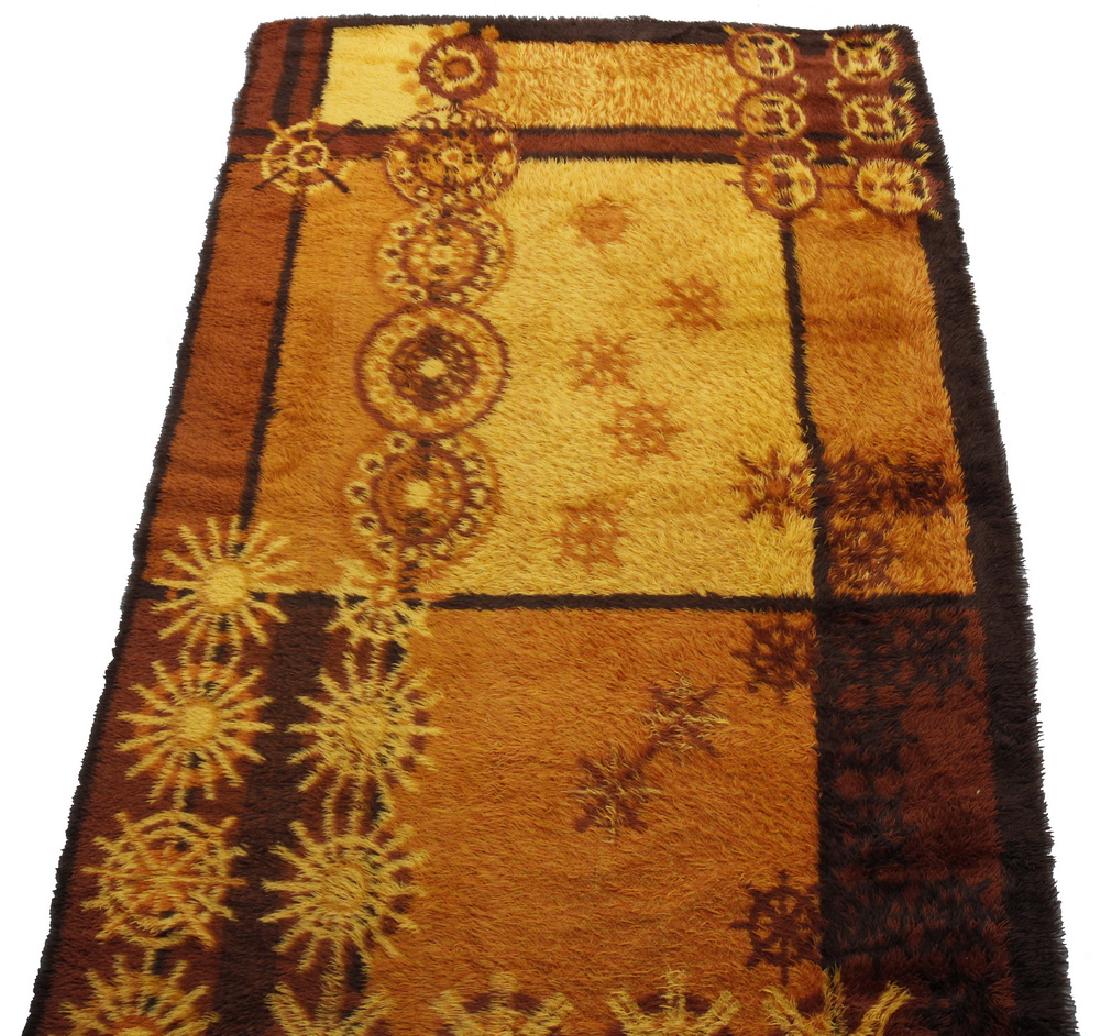 DANISH MODERN RYA RUG - 9'-8" x 6'-4": Large Danish Mid-Century Modern Wool Ege Rya Rug, c. 1960s, made in Taepper, Denmark, with tall pile and abstract design in shades of orange, tan and brown. Even wear.