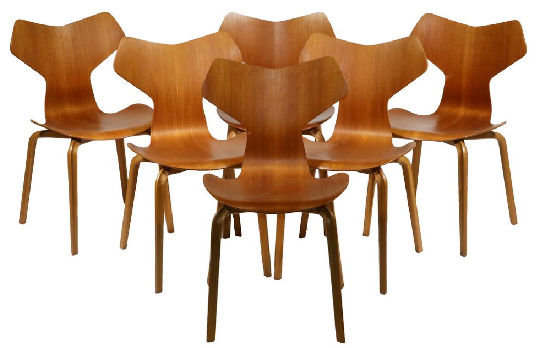 (SET OF 6) MID-CENTURY GRAND PRIX CHAIRS BY JACOBSEN: Grand Prix (#3130) Chairs, designed by Arne Jacobsen (1902-1971) and manufactured by Fritz Hansen of Allerod, Denmark, and introduced at the Designers' Spring Exhibition at the Danish Museum of Art &