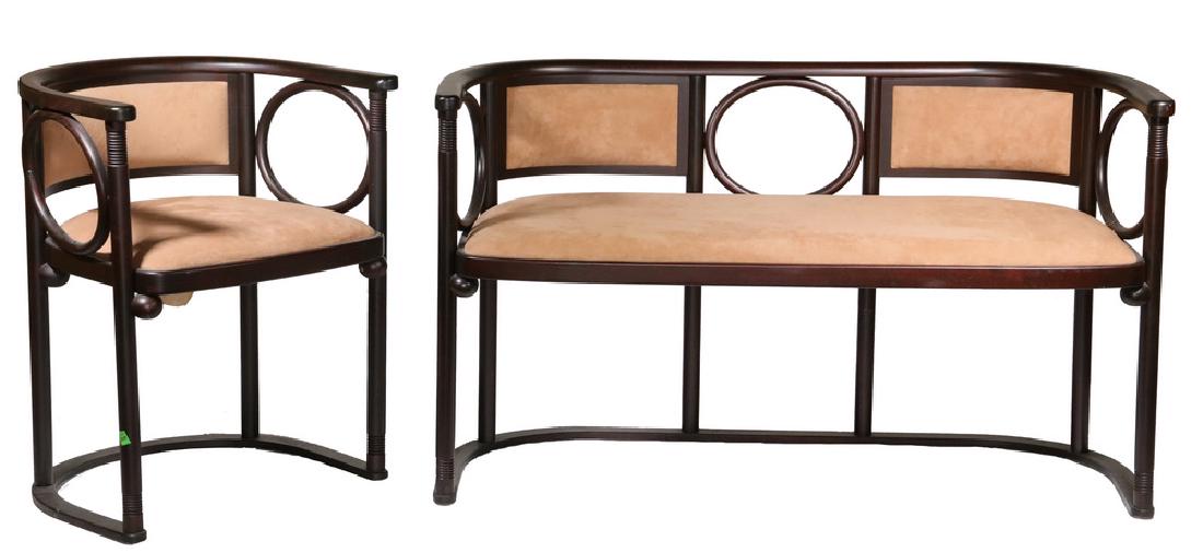 JOSEF HOFFMAN THONET STYLE SETTEE AND ARMCHAIR SUITE: "Fledeermaus" Suite, specially designed in 1907 for the Fledermaus cabaret in Vienna, produced by the Kohn bentwood furniture company, this contemporary set is marked "Hoffman made by Witmann, Austria
