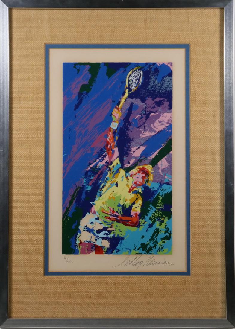 LEROY NEIMAN (NY/IL/MI. 1921-2012): "Classic Serve", serigraph, 16/300, pencil signed and numbered, COA from the Art World Gallery of Acton, Mass. Housed in an aluminum box frame, burlap mat with blue liner, under plexi, OS: 23 1/4" x 1