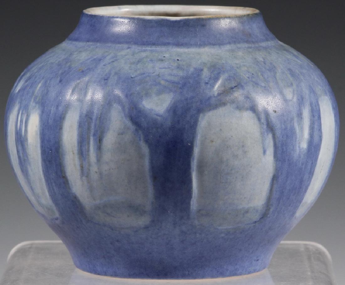 NEWCOMB ART POTTERY VASE: Newcomb College Art Pottery Vase, by Jonathan Hunt and decorated by Sadie Irvine, 1930, in the Moon and Moss motif with carved raised design and matte glaze, marked on base with the Newcomb cipher, JH