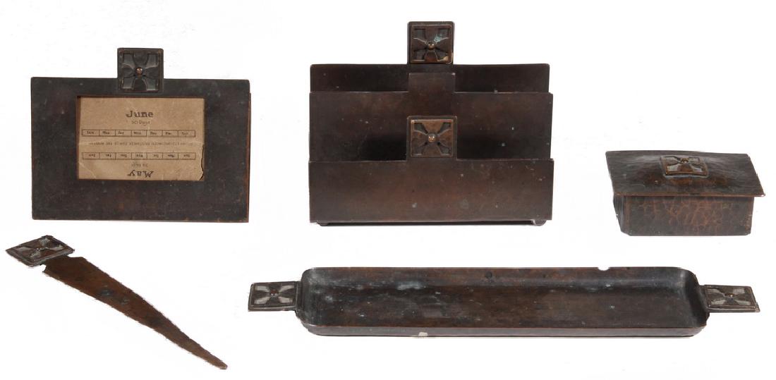 (5 PC) DIRK VAN ERP (CA, 1860-1933) HAMMERED COPPER: (5) Piece Arts & Crafts Era Hammered & Patinated Copper Desk Set by Dirk Van Erp, with stylized windmill blade decoration, all pieces with impressed windmill mark, including: Letter holder, 4 3/4" hig
