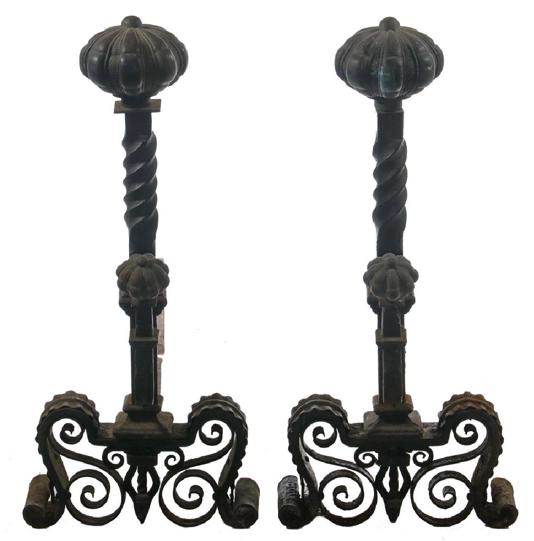 PR BRONZE & WROUGHT IRON ANDIRONS: Pair of Large Early 20th c. Bronze and Wrought Iron Andirons, in the manner of Philadelphia ironsmith Samuel Yellin (1885-1940), with melon form finials, twist columns, and intricately curled and scro