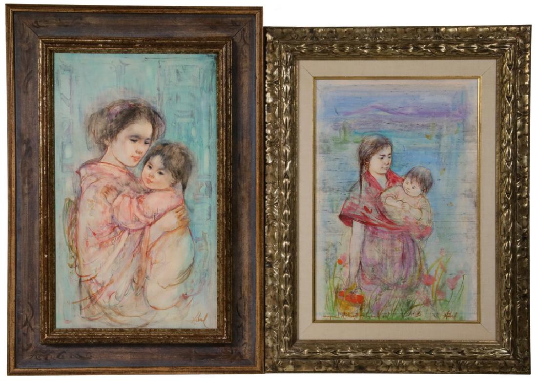 EDNA (HIBEL) PLOTKIN (MA/FL,1917-2015): Two Portraits of Mother with Child, the first oil on Masonite, signed lower right, dated 1971 verso, housed in a gold molded frame with rubbed blue panel and black figuring in corners, OS: 24" x 16 1/