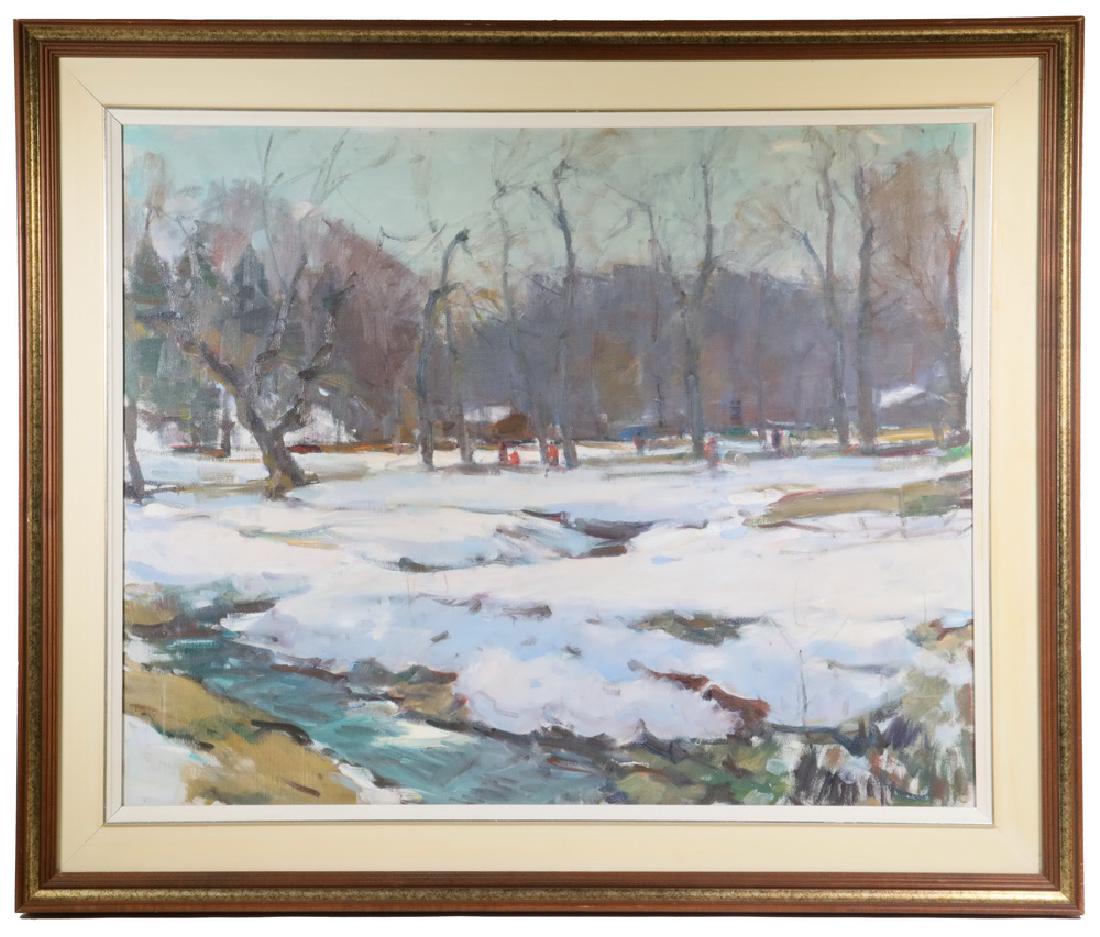 CARL WILLIAM PETERS (NY, 1897-1980): Winter Landscape, oil on canvas, unsigned, estate stamp verso with signed certification by the artist's daughter, in walnut molded frame with gold, silver, buff and white ranks, OS: 30 1/2" x 36 1/2",