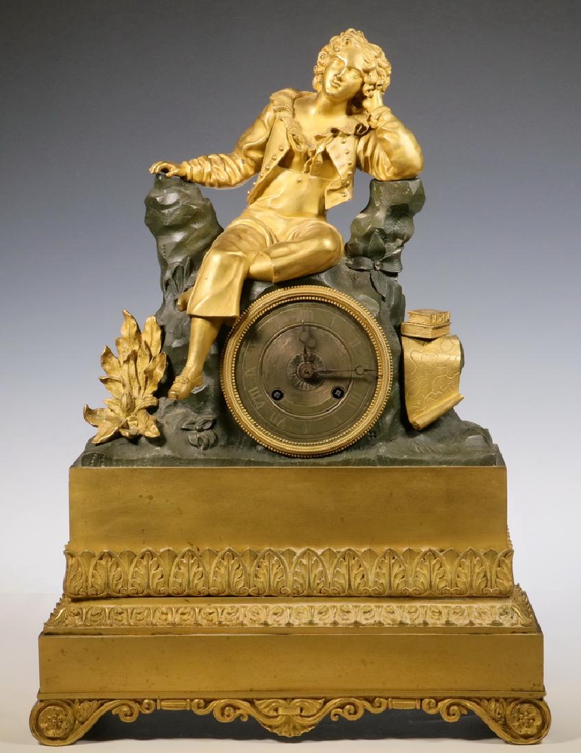 FRENCH GILDED BRONZE MANTEL CLOCK: 19th c. French Ormolu and Bronze Figural Mantel Clock, 8-day time and strike movement, with pendulum and key, Roman numeral dial, depicting a young man seated atop a rock with books and scroll, set on
