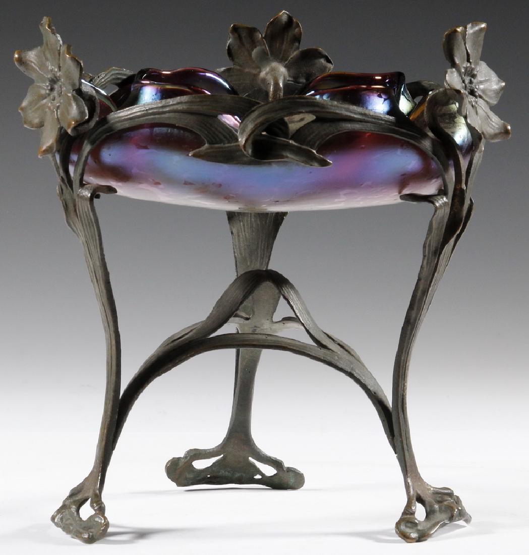 AUSTRIAN ART GLASS & BRONZE BOWL: Art Nouveau Era Bronze Mounted Iridescent Art Glass Bowl, by Loetz, Kralik or Rindskopf, ruffled rim bowl with oil spotting and iridescent yellow, purple and green coloration, polished pontil base, mo