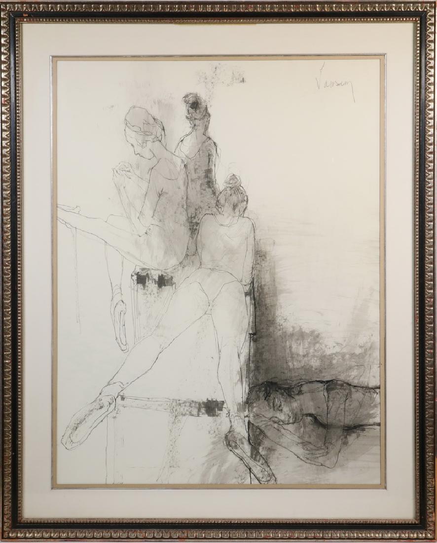 JEAN LEON JANSEN (FRENCH-AMERICAN, 1920 - ): Four Ballerinas Resting, ink on paper, signed upper right, in carved silver and black frame, matted and glazed, OS: 32" x 26", SS: 25 1/2" x 19 1/2". Good condition.