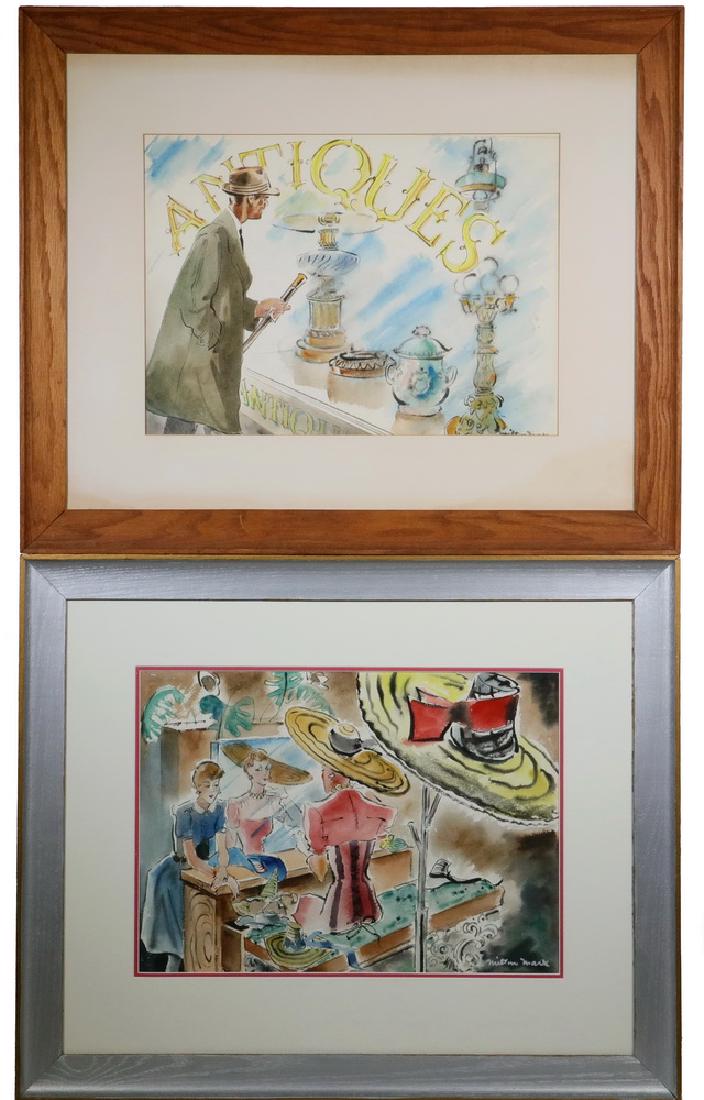MILTON MARX (NY, 1898-1973): (2) Watercolors: Hat Shop & Antique Shop, both signed lower right, in cove frames, one painted silver, the other stained, OS: 28" x 34", SS: 15" x 21". Good condition.