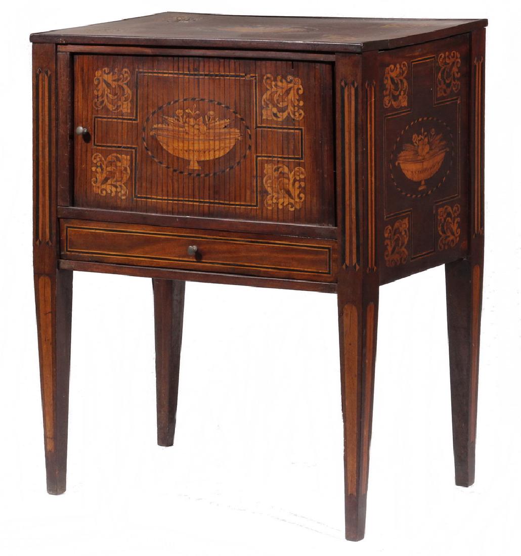 INLAID MAHOGANY TAMBOUR FRONT STAND: Late 19th c. Hepplewhite Style Nightstand in figured mahogany with boxwood stringing, the top and tambour front having matching box and kingwood inlaid cartouches, single shallow drawer below, inlaid 