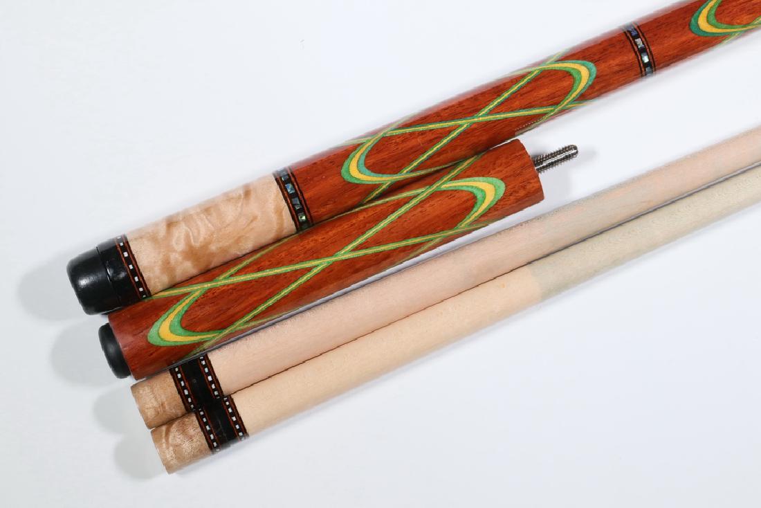 BLACK PEARL POOL CUE WITH EXTRA LENGTH: Handcrafted Black Pearl Pool Cue by Al Bautista, Angeles City, Philippines, with extra length, intricate inlay work in exotic woods, Bird's-eye maple forearm and butt, two maple shafts, marked 'Blackp