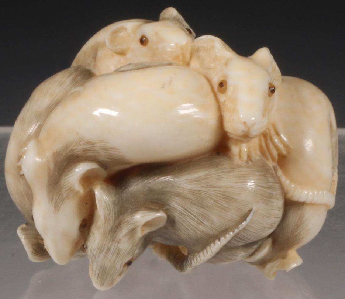 RARE 19TH C. JAPANESE NETSUKE: Meiji Period "Rat King" Ball of Seven Rats ( a lucky number), with glass eyes, signed, 1 3/4". Fine condition.