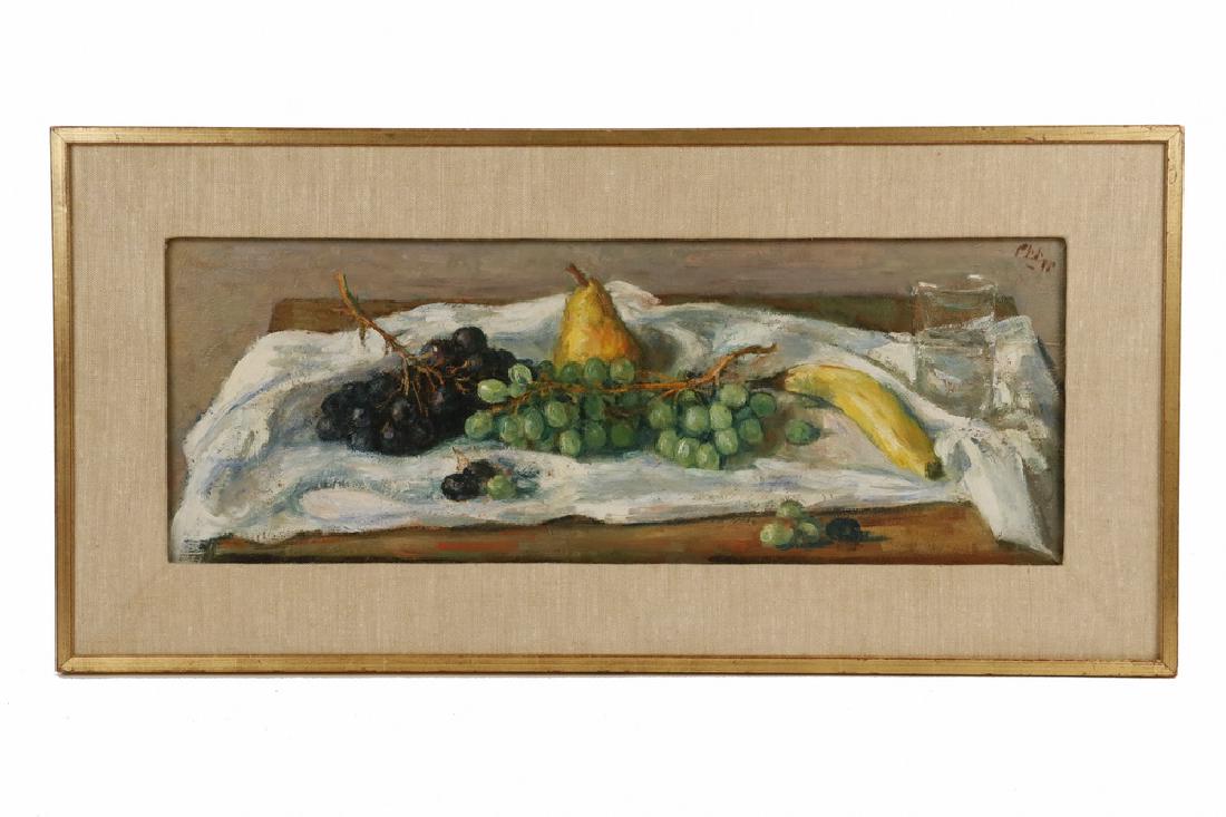 ROBERT PHILLIPP (NY, 1895-1981): Still Life with Fruit and Glass on White Cloth, oil on canvas, signed upper right and verso, with a 1966 code number, in gilt box frame with linen mat, OS: 17 1/2" x 35 1/2", SS: 10 1/2" x 28 1/2". Fi