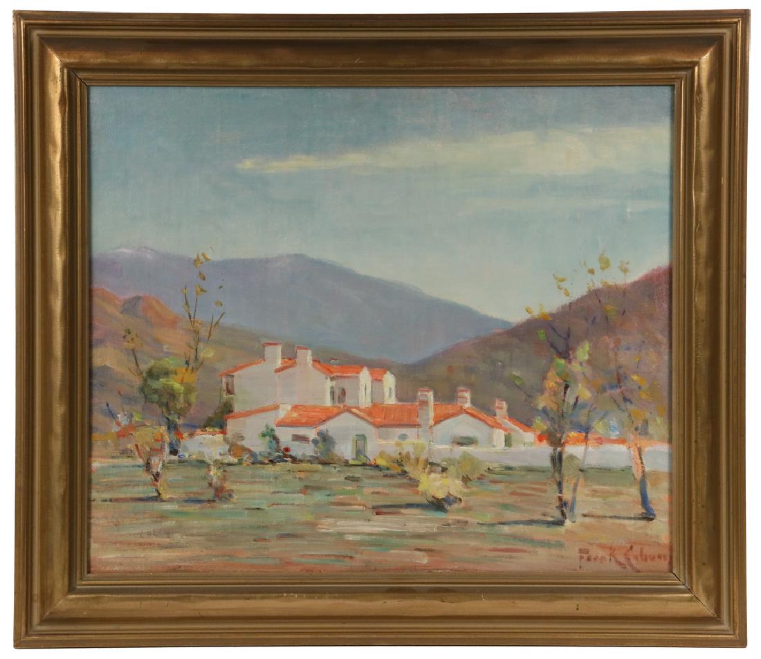 FRANK COBURN (CA/IL, 1862-1938): Mount Santa Rosa Ranch, oil on canvas, signed lower right, ca. 1920s, in the original Arts & Crafts gold molded frame, OS: 25 1/4" x 29 1/4", SS: 19 1/2" x 23 1/2". Fine condition.