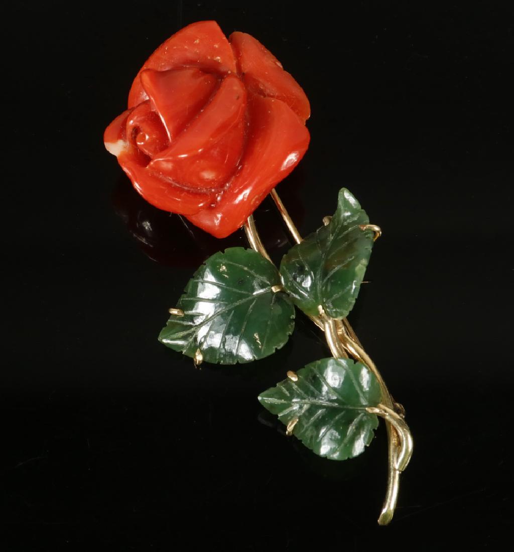 CORAL & JADE ASIAN ROSE DESIGN BROOCH, 14K YELLOW GOLD (1 of 2)