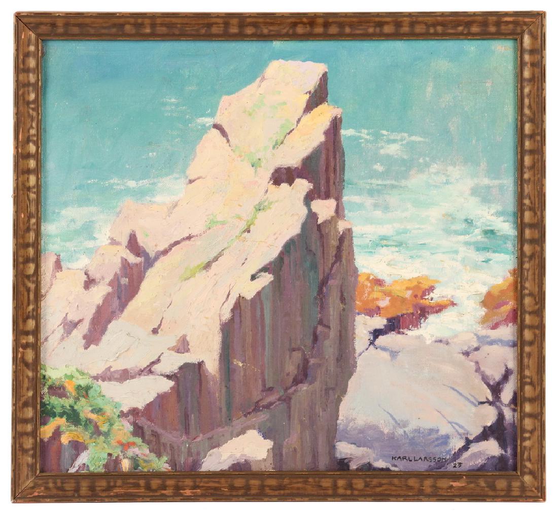 KARL LARSSON (NY/NM/SWEDEN, 1893-1967): Acadian Cliffs, oil on canvas laid to hardboard, signed lower right and dated '25, in original thin gold frame, OS: 13 1/2" x 14 3/4", SS: 11 3/4" x 13". Good condition.