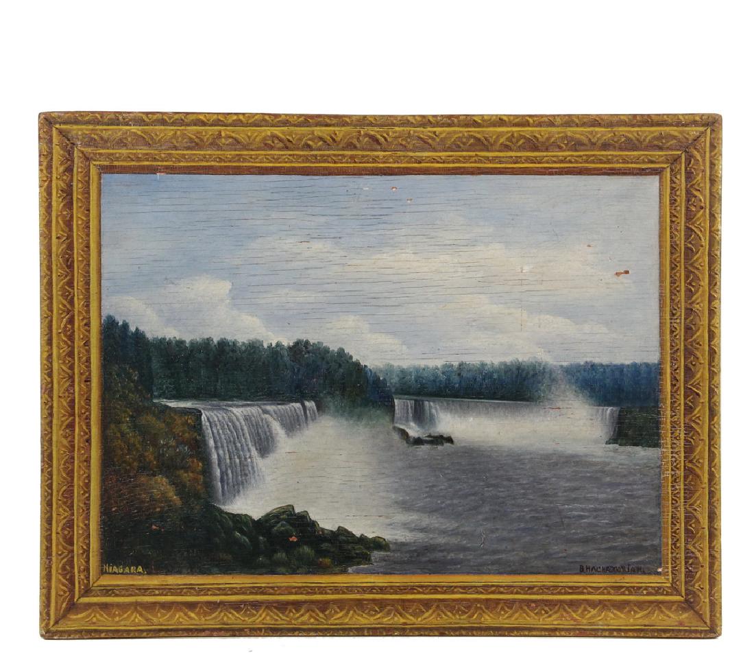 B. KACHADOORIAN - NAIVE AMERICAN ARTIST: Niagara Falls, oil on plywood, signed lower right 'B. Kachadoorian', circa 1930s, with painted faux gold frame. OS: 18 1/2" x 24". Some flaking.