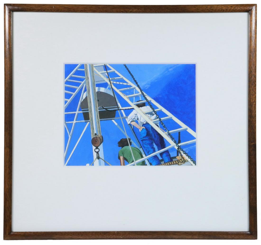 JOHN LOUIS LAURENT (NH/ME, 1921-2005): "Tuna Watch", acrylic on paper, unsigned, title and artist identification verso on Collaborations Fine Art Services of Saratoga Springs, NY label, in mahogany box frame, matted and glazed, OS: 17 1/4"