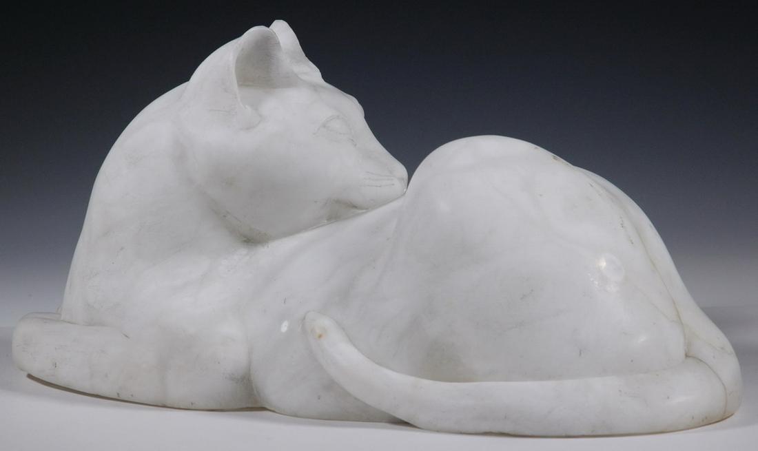 ROBERT LAURENT (ME/NY, 1890-1970): Preening Cat, carved alabaster, signed and dated 1931, roughly 8" x 17" x 6". Minor blemishes. PROVENANCE: From the estate of Paul Brouillard, Castine, ME.