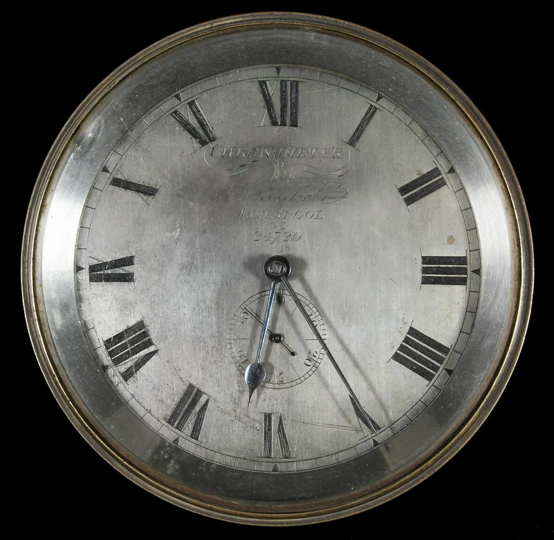 ROBERT ROSKELL, LIVERPOOL MARINE CHRONOMETER: Early 19th c. English Brass Cased Marine Chronometer by Robert Roskell, Liverpool, #95/24720, with key, silvered dial with black enameled Roman numerals, signed and numbered on dial, 5 1/4" diam. face
