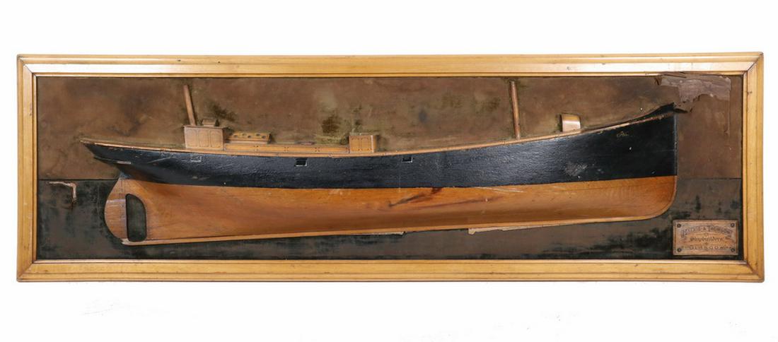 HALF HULL SHIP MODEL: Late 19th - Early 20th c. Half Hull Model, of a trawler built by Mackie & Thomson, Glasgow, Scotland, with partial name still legible 'Earl', possibly for the "Earl of Devon" or "Pearl" - both built b
