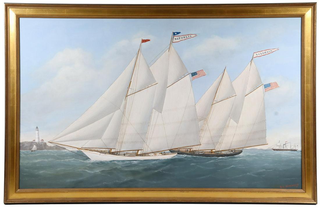 REGINALD EUGENE NICKERSON (MA, 1915-1999): "The Republic and The Columbia Racing", oil on canvas, signed lower right, depicting the boats close bow to stern for the America's Cup, rounding the Boston Light, the steam/sail observation ship to t