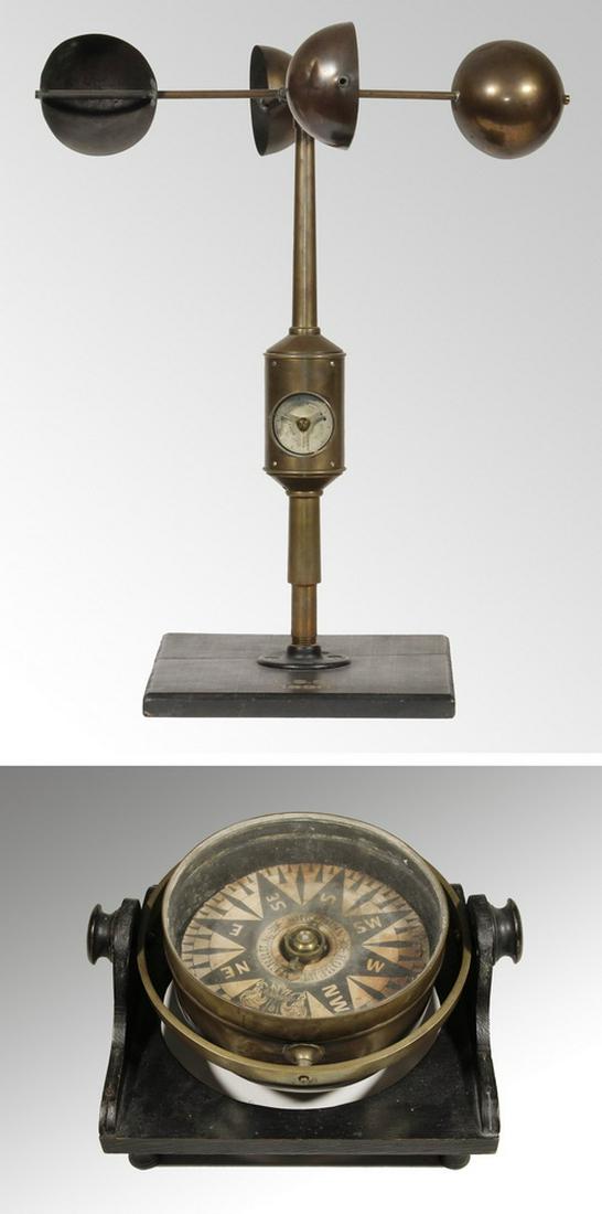 19TH C. ANEMOMETER AND SHIP'S COMPASS: Circa 1880 Copper and Steel Anemometer, for measuring wind speed, by scientific instrument maker James Green, New York, originally used by the U.S. Life Saving Service (an agency with a network of sta