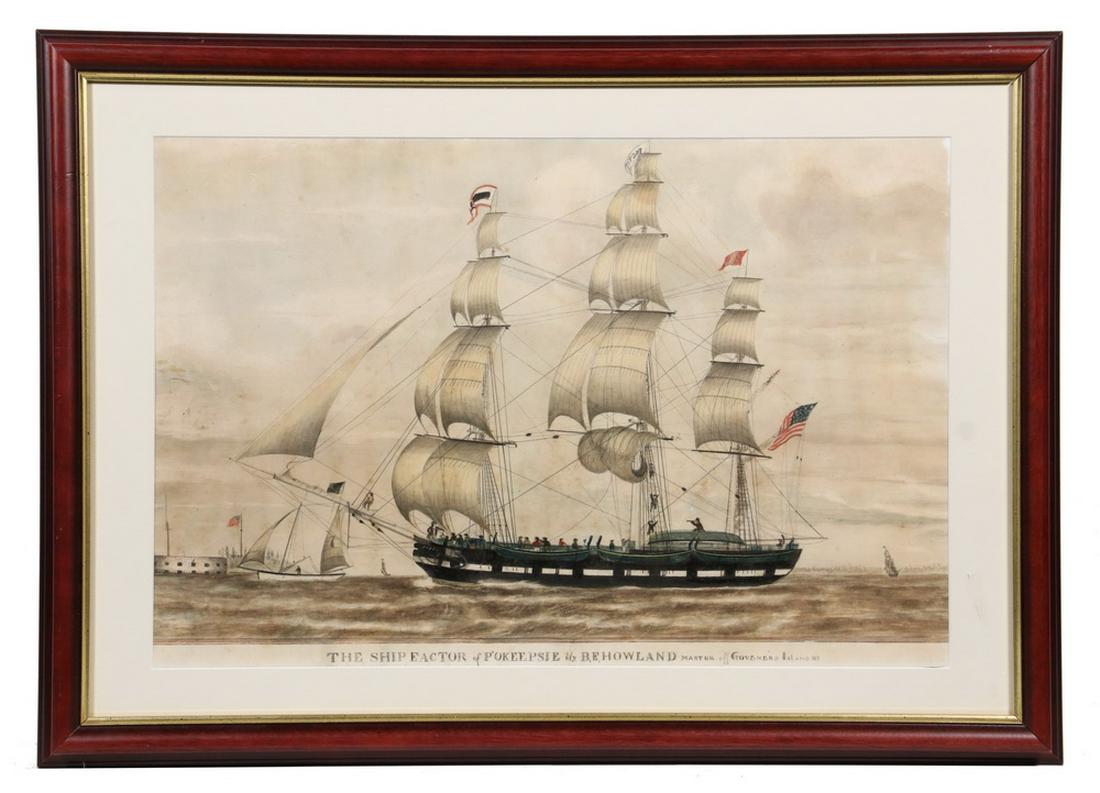 EARLY SAILING SHIP WATERCOLOR: Watercolor of the Ship "Factor of Poughkeepsie, New York, B.E. Howland, Master of Governors Island in New York", broadside view of the rolling ship, sailing right to left with a #7 pilot boat leading 