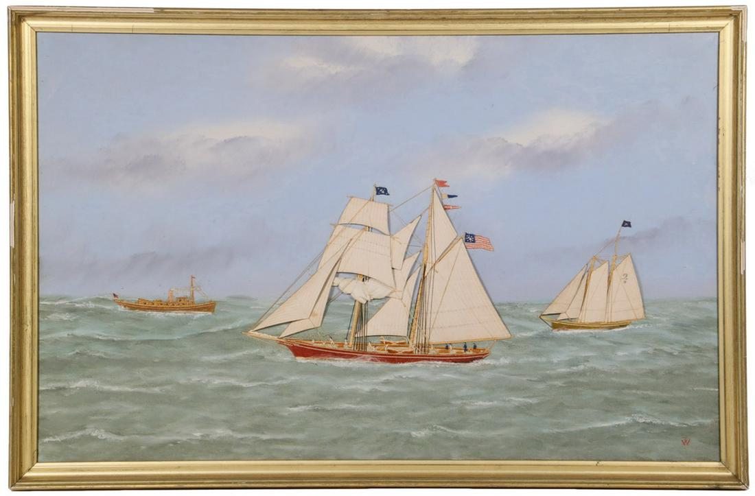 THOMAS WILLIS (NY/DENMARK, 1850-1925): Bark and Schooner passing a Pilot Boat, oil on canvas with applied silkwork and cloth-sailed boats, initialed "TW" lower right, in the original lemon gold molded frame, OS: 15 1/2" x 23 1/2", SS: 13 1
