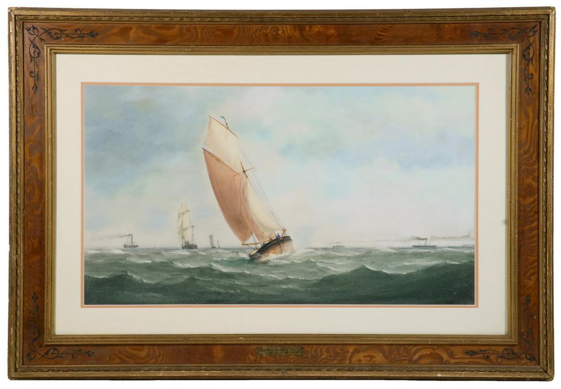 XANTHUS RUSSELL SMITH ( PA/ME, 1839-1929): "Off the Head, Maine", watercolor on paper, monogrammed lower right, depicting various sail and steam craft, housed in a quarter sawn golden oak and gold molded frame with black engraved matched corne