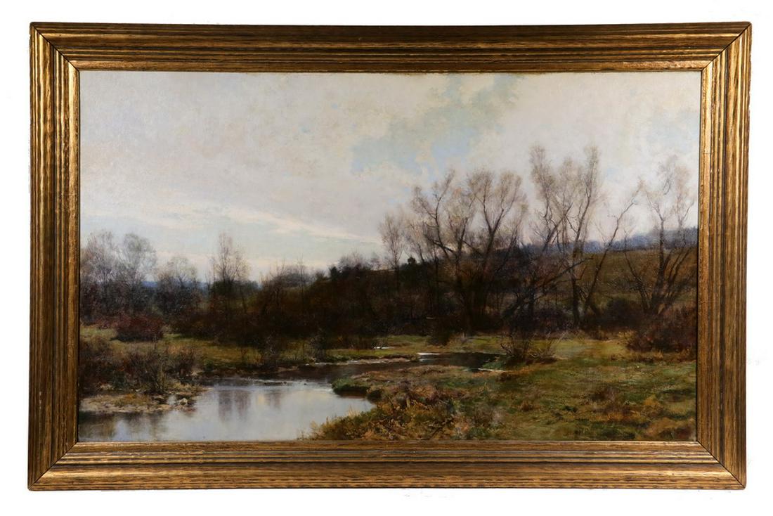 HUGH BOLTON JONES (NY/MA/MD/FRANCE, 1848-1927): "Landscape with Stream", oil on canvas, signed lower right, in Arts & Crafts gilt molded frame, OS: 29 1/2" x 45 1/2", SS: 23 1/2" x 39 1/2". Cleaned and relined.