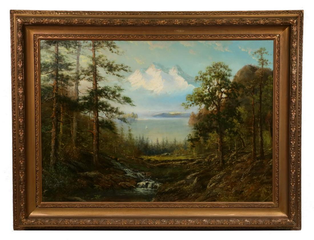 WILLIAM KEITH (NY, 1823-1894) (ATTRIBUTED): The White Mountains, oil on canvas, laid to masonite, unsigned, in what is probably the original deep cove gold gesso frame, OS: 37" x 49", SS: 27" x 39". Cleaned and retouched.