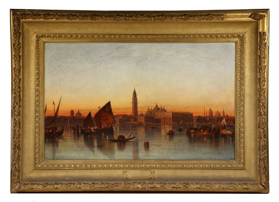 JOHN GEORGE BROWN (NY/CA, 1831-1913) (ATTRIBUTED): A View of the Grand Canal, Venice, circa 1880, oil on canvas, Signed "LR", marked on stretcher "H. Chauncey, Esq.", housed in a gold cove frame with gesso trim, name plate just reads "Venice", OS: 28