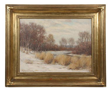 FRANCIS HENRY RICHARDSON (MA, 1859-1954): Winter Landscape at the River, oil on canvas, signed lower left, in a gilt Arts & Crafts frame, OS: 17 1/2" x 21 1/2", SS: 11 1/2" x 15 1/2". Good condition.