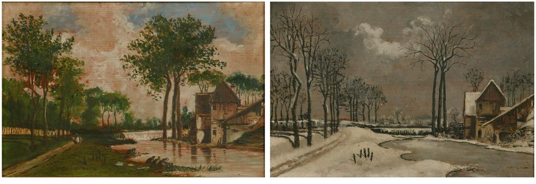 FREDERICK CHILDE HASSAM (NY/MA, 1859-1935): A Very Early Pair of Identical Miniature Landscapes, View of the Town Mill, Summer and Winter, oil on mahogany panel (cigar box lids), the winter scene signed (twice) verso "F.C. Hassam, pinx, 1875", 