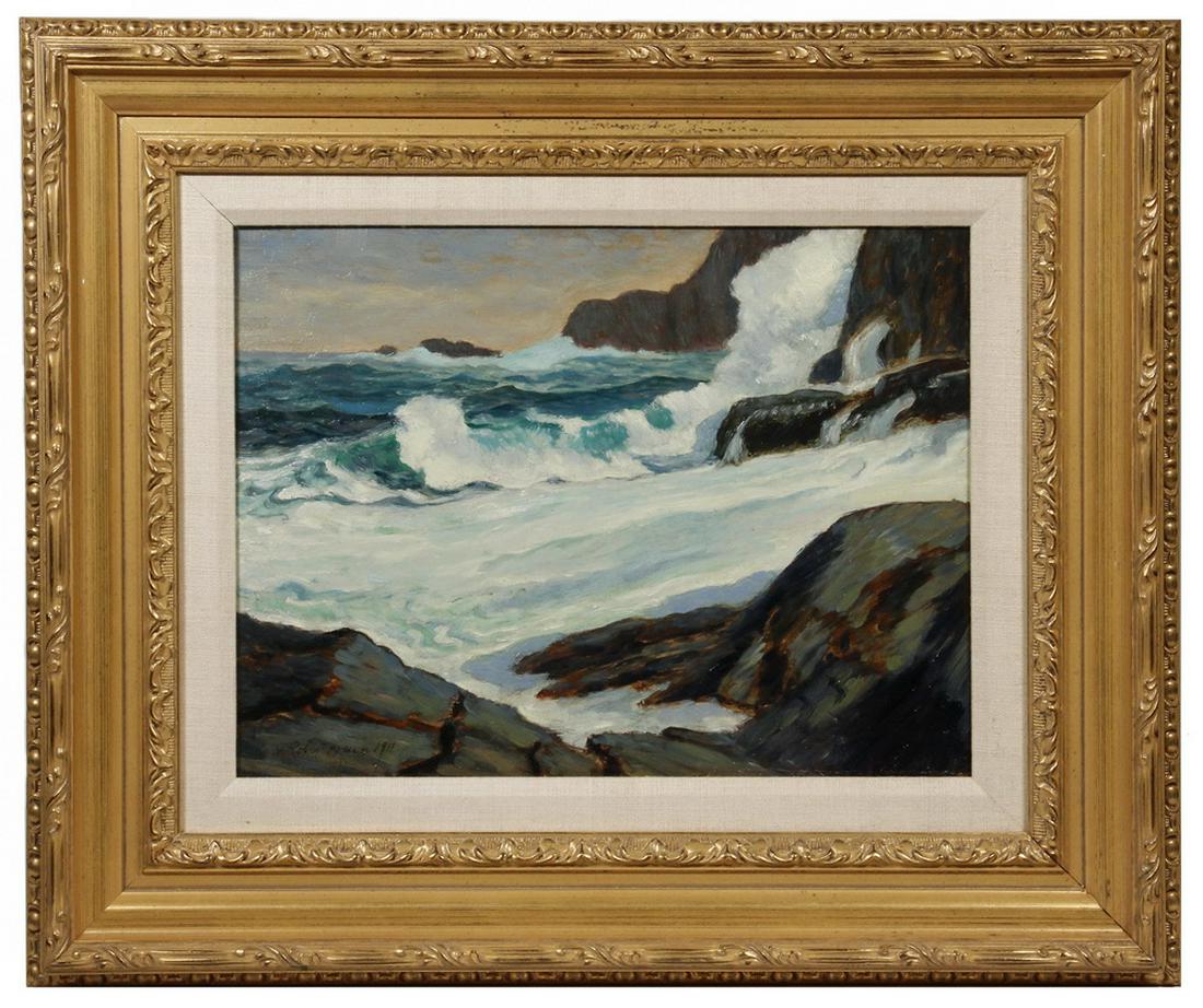 ROBERT HENRI (NY/PA/OH, 1865-1921): "Monhegan Waves, Sept 23, 1911", oil on artist's board, signed lower left and dated 1911, full date written in artist's hand verso, marked on back with Christie's stamp and inventory number. Housed in